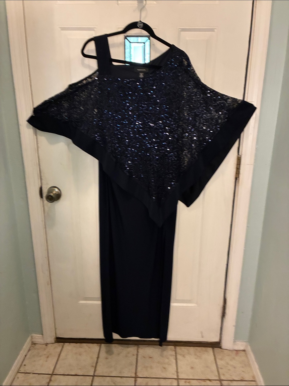 R&M Richards Navy Sequin One-Shoulder Maxi Dress